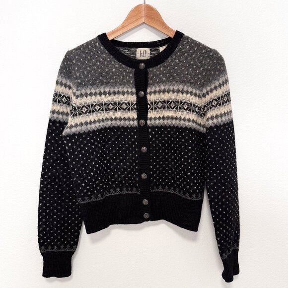 Vintage 90s GAP 100% Wool Black Fair Isle Nordic Cardigan Sweater Size Medium - Picture 1 of 10